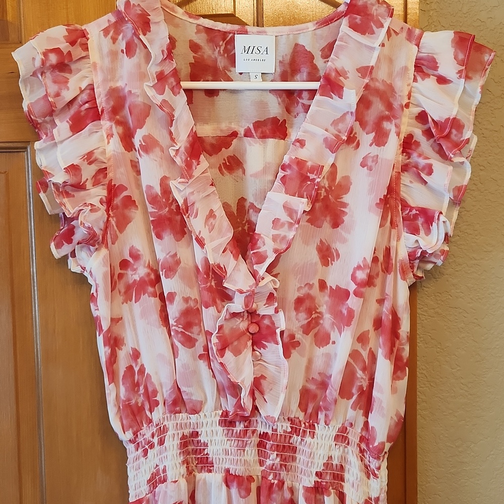 Misa Los Angeles Pink and Red Floral Asymmetrical Ruffle Dress - Picture 6 of 8